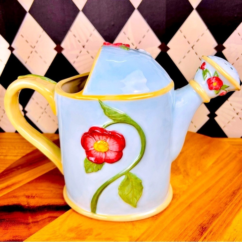 Cottage Ceramic Watering Can Whimsical Floral Butterfly Garden Decor - Picture 6 of 10
